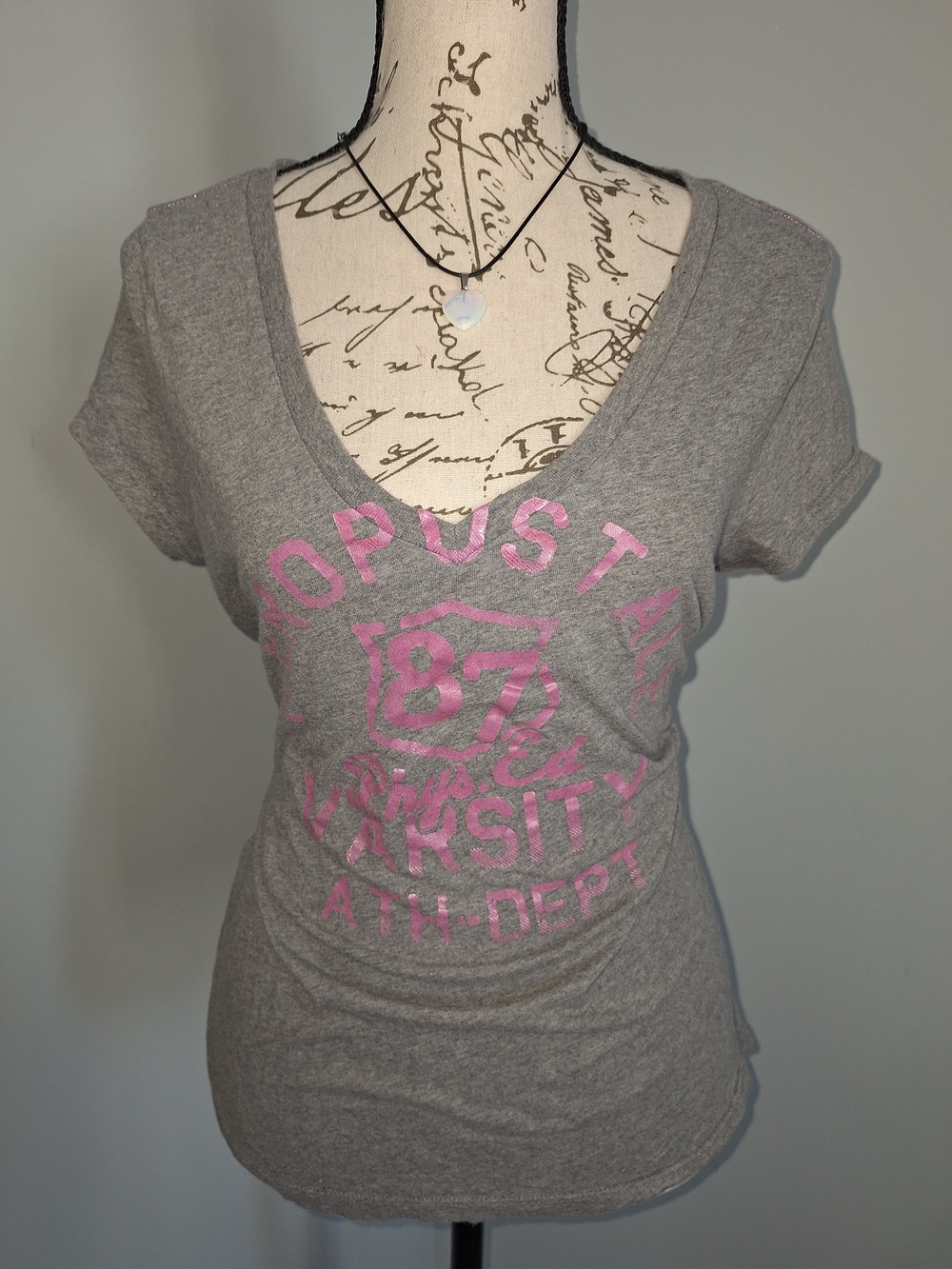Aeropostale Gray V-Neck Baby Tee with Pink Varsity Graphic